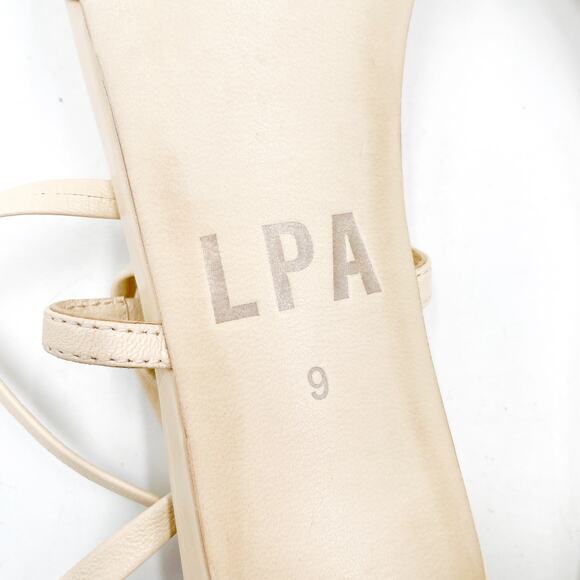 LPA Loren Block Heel Sandals Tan Leather Strappy Ankle Wrap Sz 9 Square Toe - Picture 10 of 11
